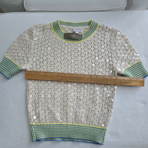 J. Crew S/S Clear Sequin Pointelle Sweater Tee with Striped Trim Size XXS NWT - Picture 9 of 10